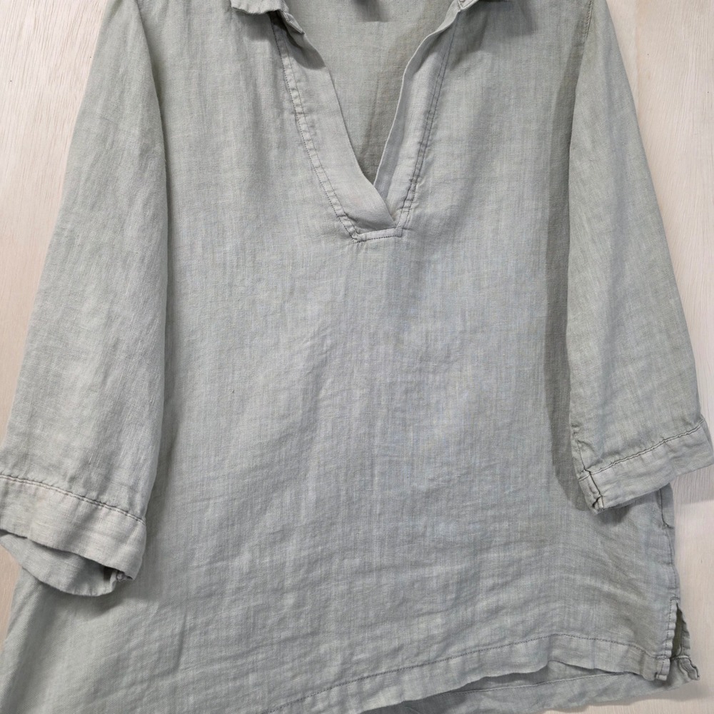 Tahari Linen Tunic Top Sage Green 3/4 Sleeve V-Neck Blouse Large - Picture 6 of 13